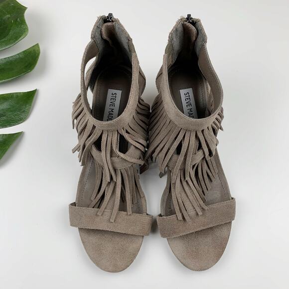 Steve Madden Amaaya Fringe Sandals Wedge Heel Tan Suede Women's 6.5 - Picture 2 of 10